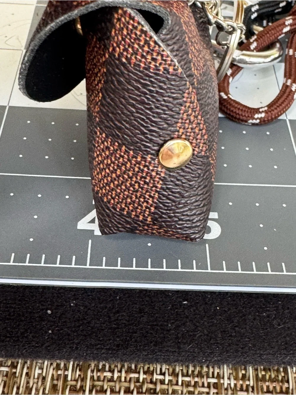 Mini Checkered Brown Faux Leather Bag Keychain